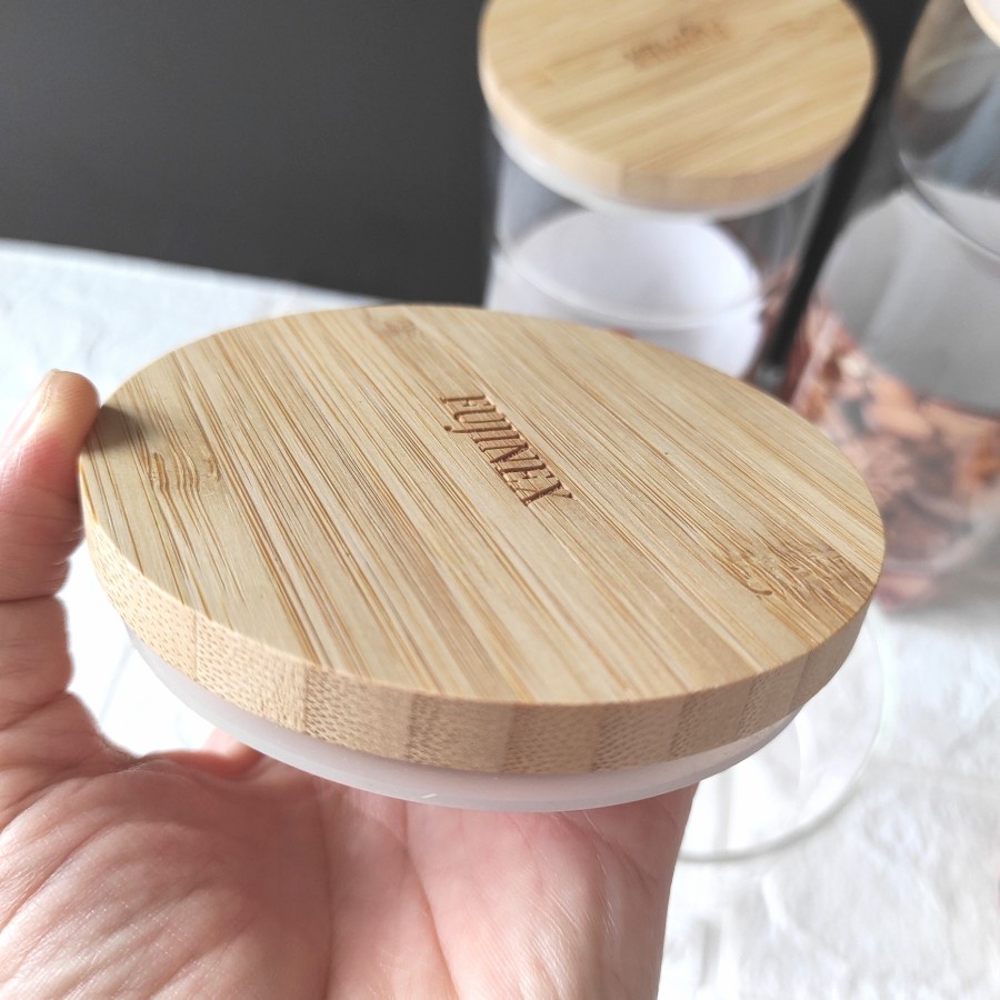 Toples Kaca Tutup Kayu Kedap Udara Bambu Beling Canister Wooden Jar Fujinex