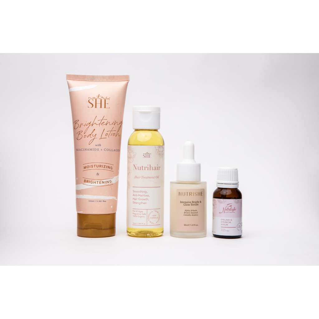

Nutrishe - Brightening Body Lotion + Glow Serum + Nutrilash + Nutrihair