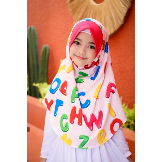 BERGO PRINTING MOTIF ALFABET ABCD / HIJAB ANAK KARAKTER LUCU / HIJAB ANAK PRINTING / HIJAB INSTANT ANAK