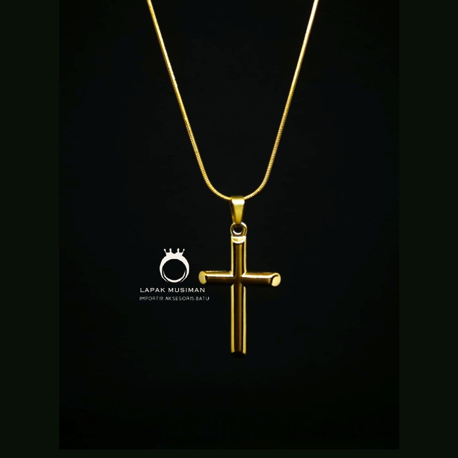[Bayar Di Tempat] Kalung Pria Wanita Titanium Gold Kuning Model Salib Anti Karat Asli