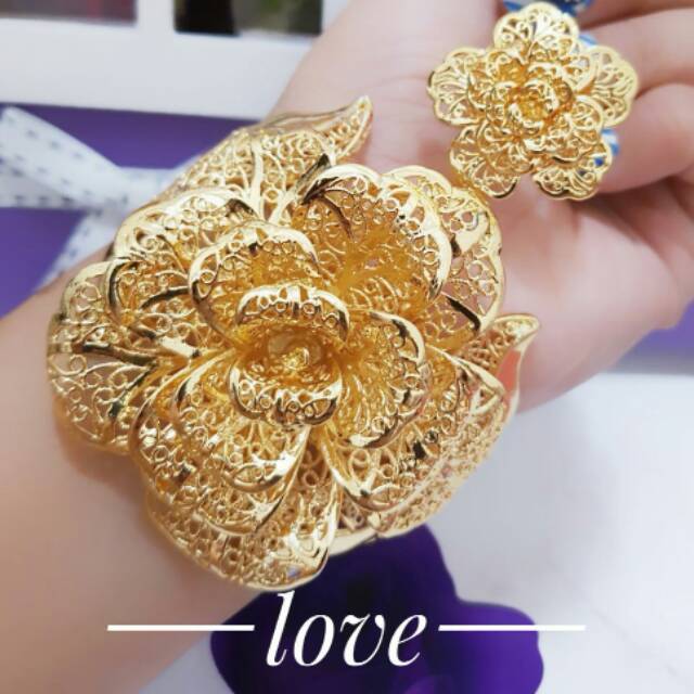 set gelang tangan bangel plus cincin mawar lapis24k