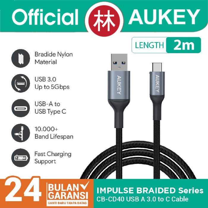 Aukey CB-CD40 Impulse Braided Series Data Cable Type-C 2m