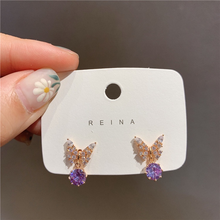 Anting Kupu-Kupu Berlian Berkilau Zirkon Biru Aksesoris Telinga Korea Wanita