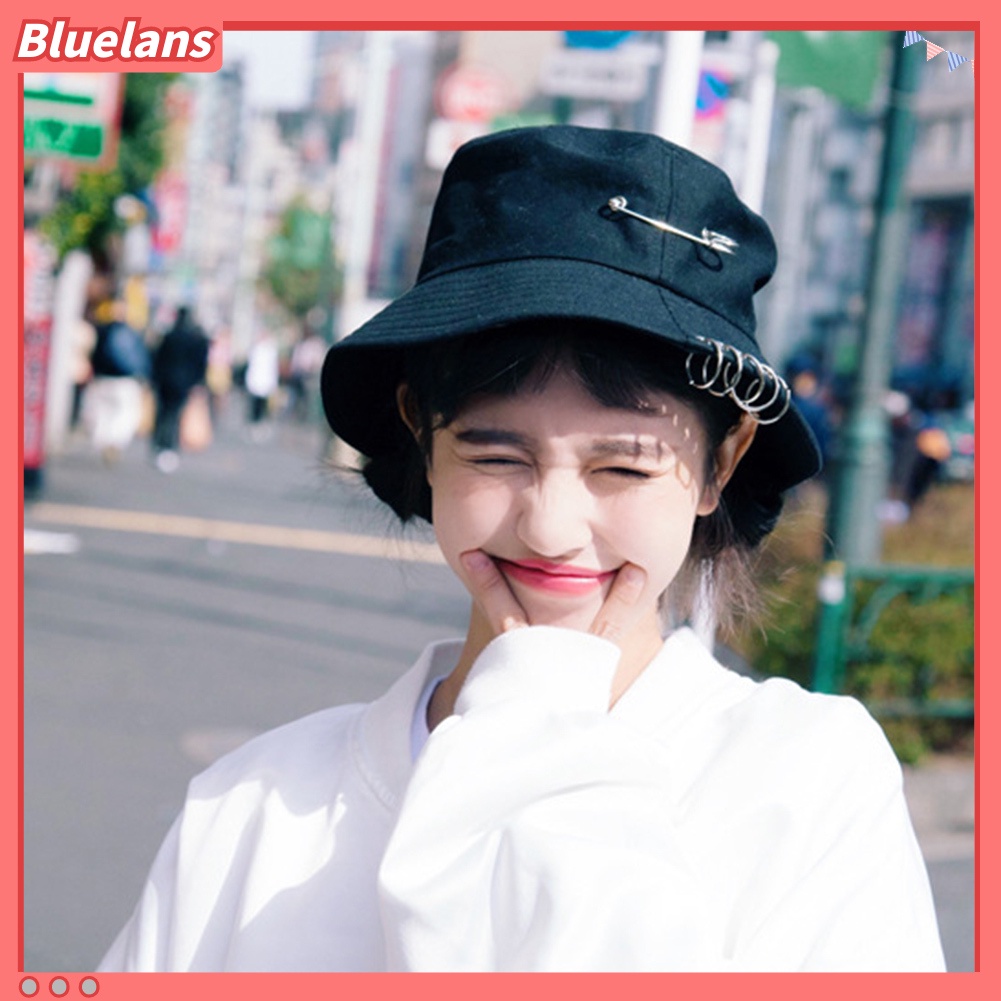 bluelans♘ Topi Bucket Fisherman Lipat Aksen Peniti+Cincin Besi untuk Outdoor