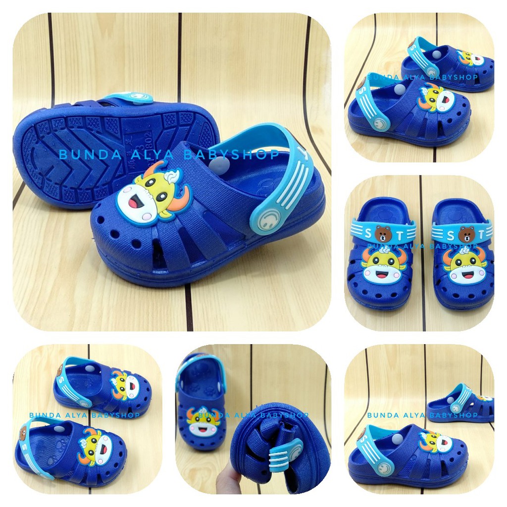 Sendal Bayi Import Umur 6 Bulanan Elastis BIRU TUA - Sandal Anak Cowok Motif COW Karet Anti Licin