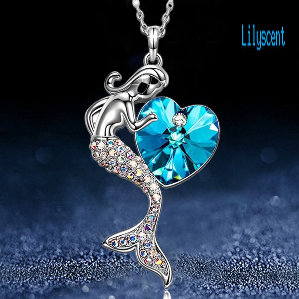 Kalung Klavikula Desain Hati Mermaid Aksen Kristal Imitasi Gaya Elegan Untuk Wanita