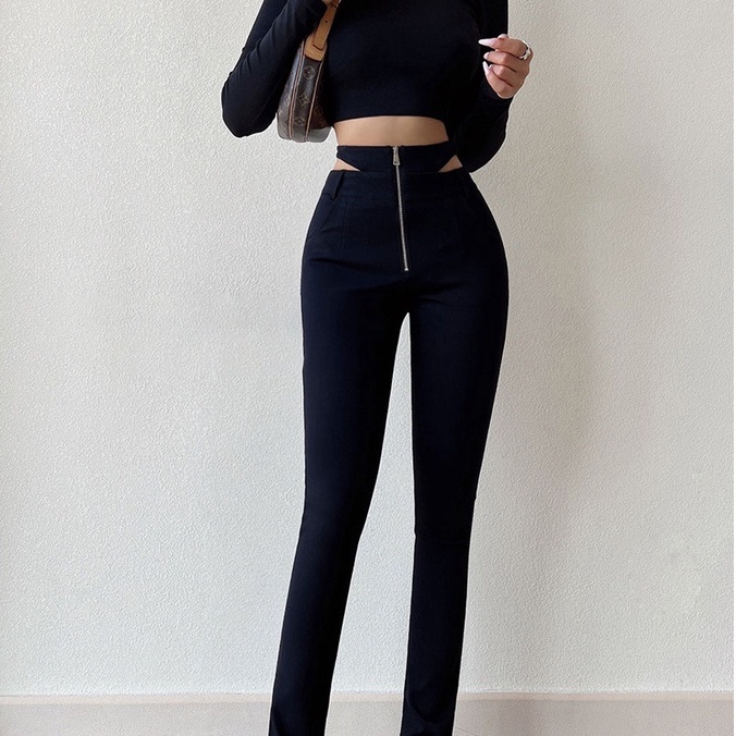 【AMY J】Solid Cutout Detail Straight Leg Pants 7061