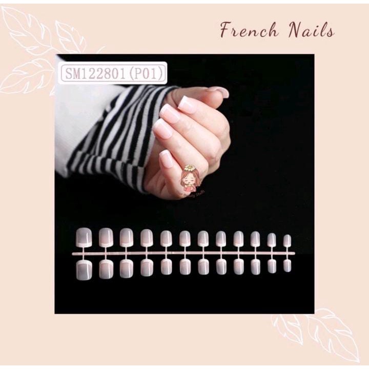 24pcs KUKU PALSU FRENCH MANICURE WHITE FAKE NAILS LIST PUTIH KUKU PALSU KOTAK OVAL ALMOND KUKU PALSU