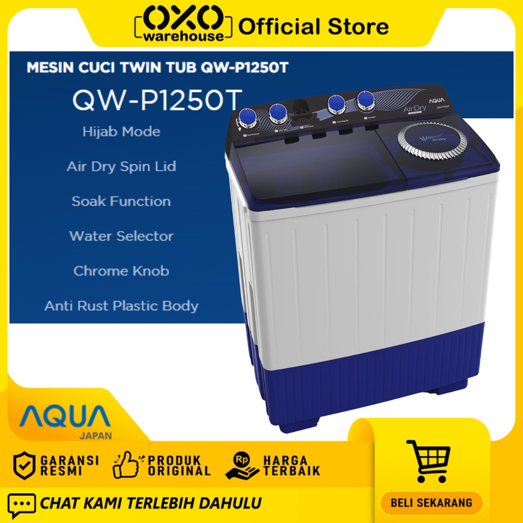 OXO Warehouse - Aqua Mesin Cuci 2 Tabung 12 kg QW-P1250T Garansi Resmi 5 Tahun original low watt mode hijab kapasitas besar