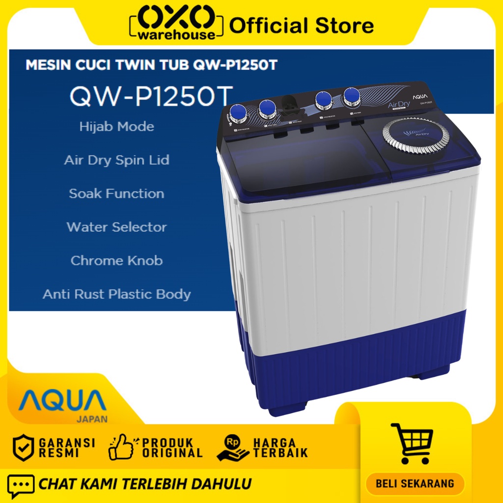 OXO Warehouse - Aqua Mesin Cuci 2 Tabung 12 kg QW-P1250T Garansi Resmi 5 Tahun original low watt mod