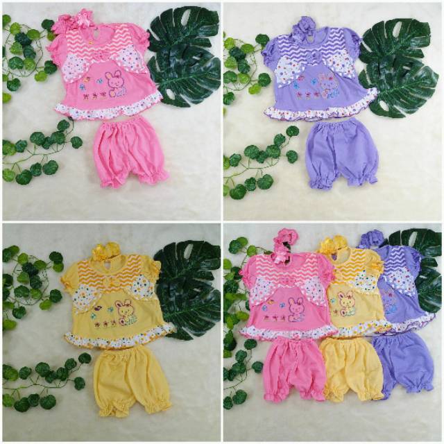 Setelan Baju Bayi 0-9bulan / gratis Bando / Baju Anak Bayi Perempuan Bahan Kaus Set