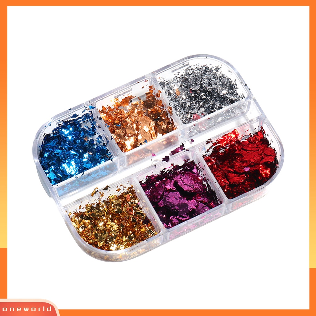 (ONWO) 6 Sekat / Kotak Stiker Foil Decal Kuku Motif Tekstur Berkilau Untuk Manicure / Nail Art