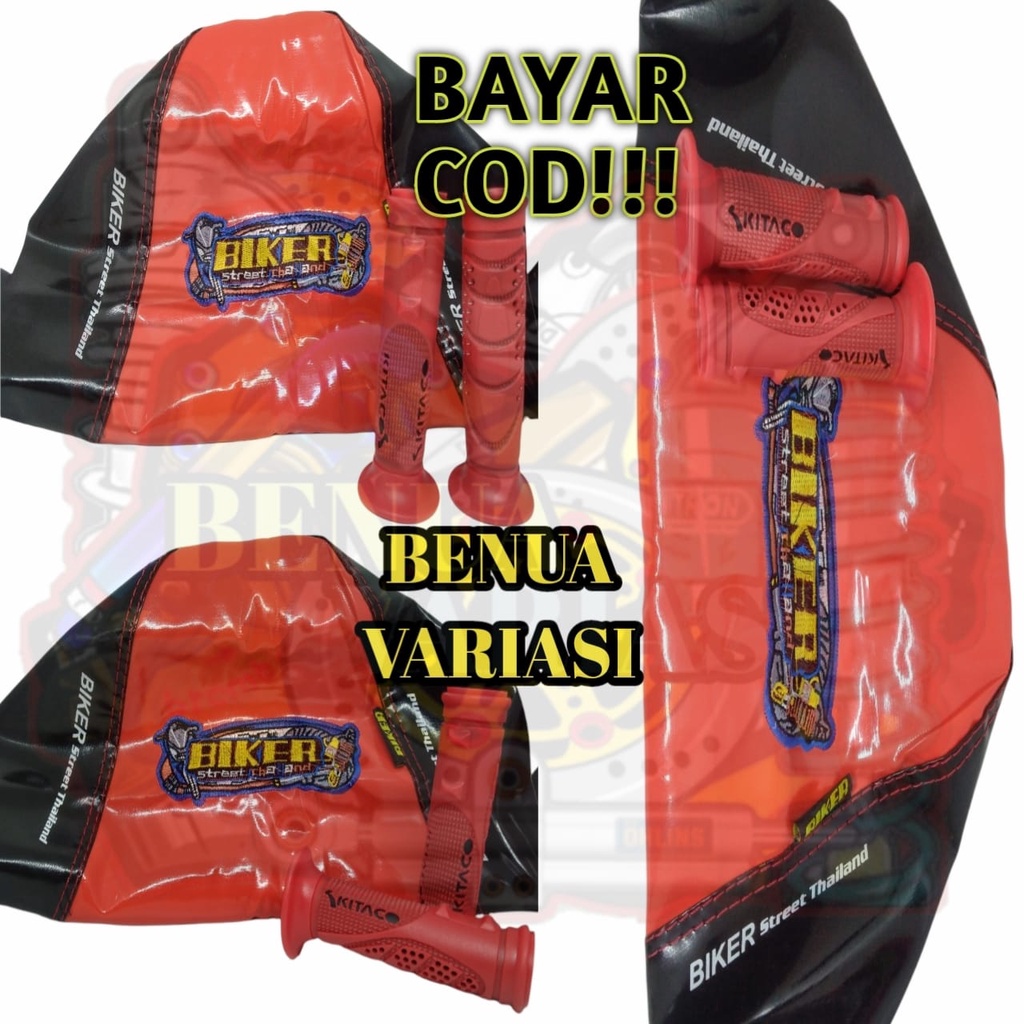 (PAKETAN VARIASI MOTOR) PAKETAN SARUNG JOK BIKER JAHIT GLOSSY+HANDGRIP BINTIK MERAH UNIVERSAL UNTUK 