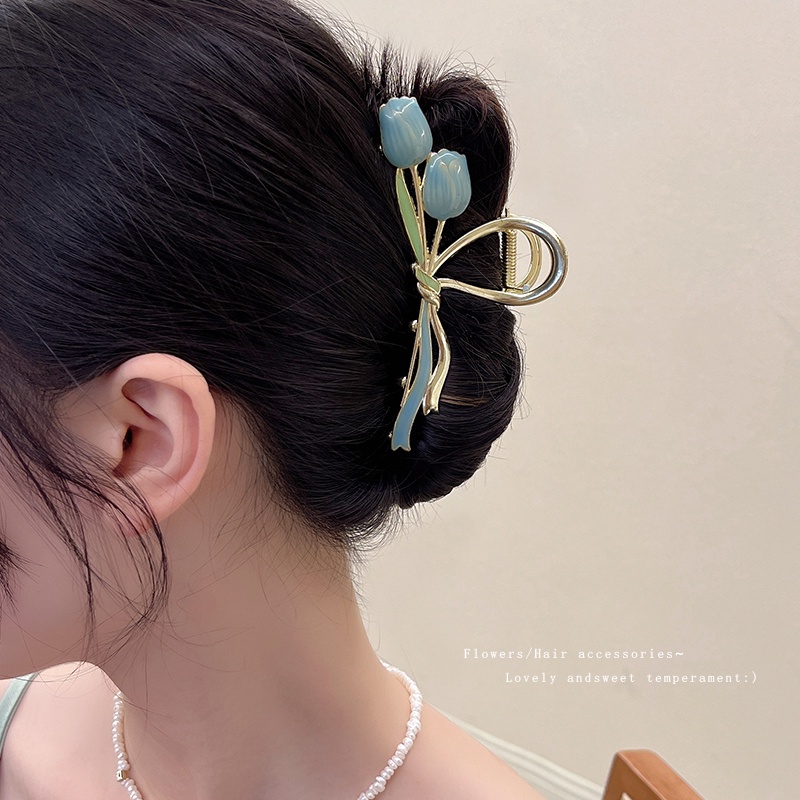 Jepit Rambut Bentuk Bunga Tulip Ganda Bahan Logam Gaya Korea Untuk Wanita