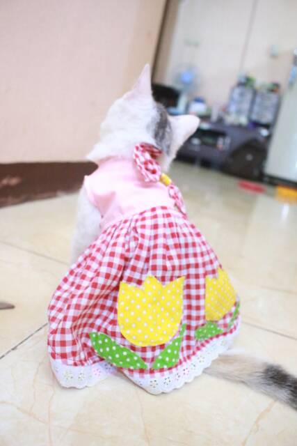 Dress kotak-kotak bunga anak paud / dress untuk kucing dan anjing lucu murah size S-XL