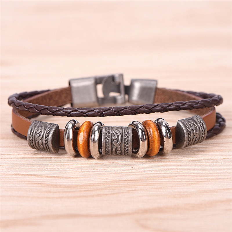 &lt; E2id &amp; &gt; Gelang Tangan Kulit Coklat Handmade Gaya Retro Punk Untuk Pria