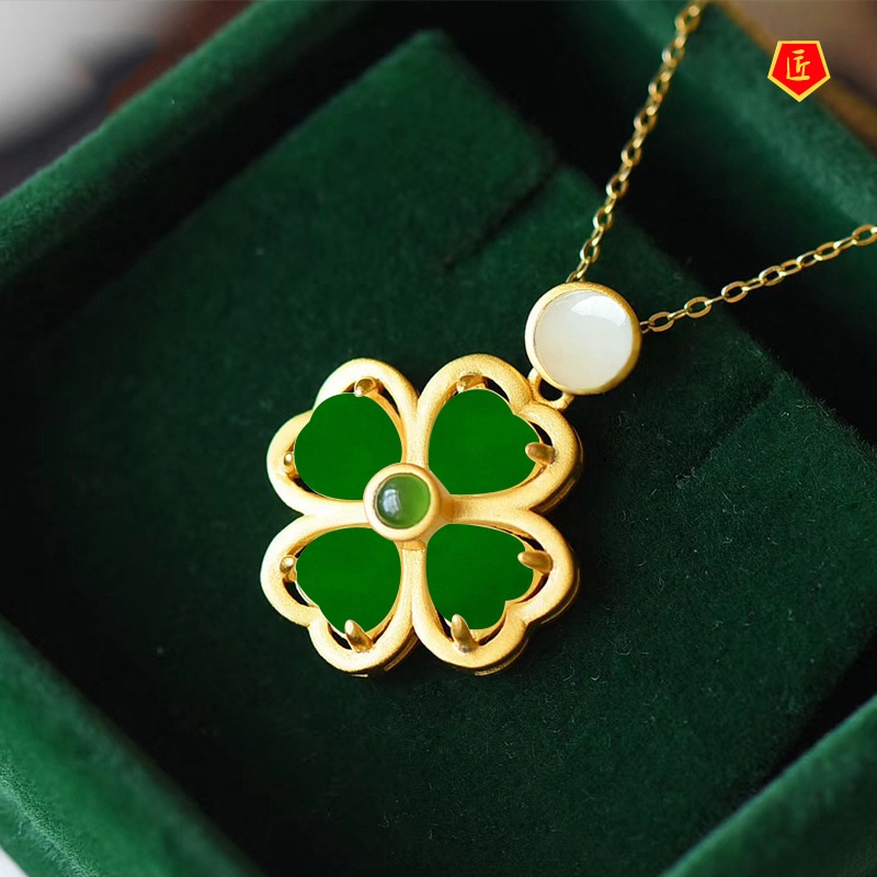 [Ready Stock]Silver Inlaid Hetian Jade Four-Leaf Clover Pendant Women's Light Luxury Refined Grace