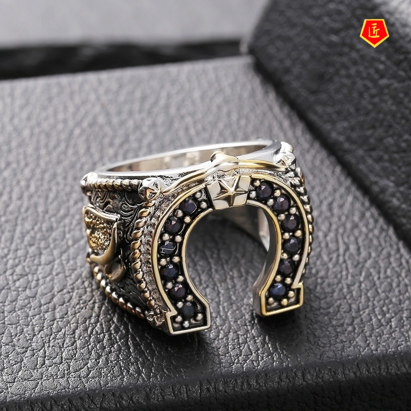 [Ready Stock]Men's Horseshoe Diamond Ring Gold Two-Color