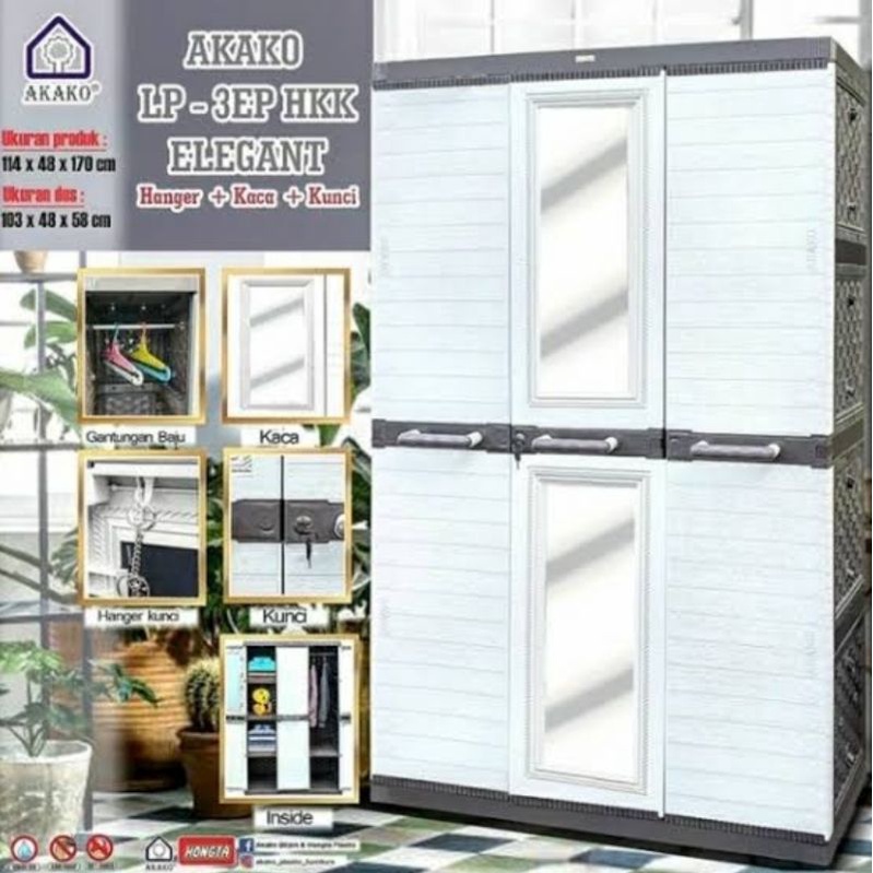 Lemari Plastik Akako Elegant 3 Pintu Cermin AKAKO LP3EP/ Lemari Pakaian Plastik Akako /