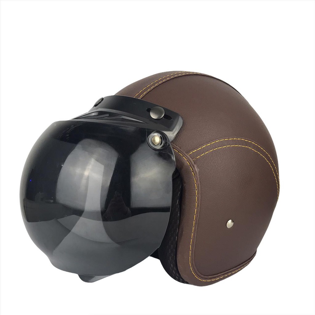 Helm Bogo Retro Kulit Dewasa Coklat Polos Full Leher SNI