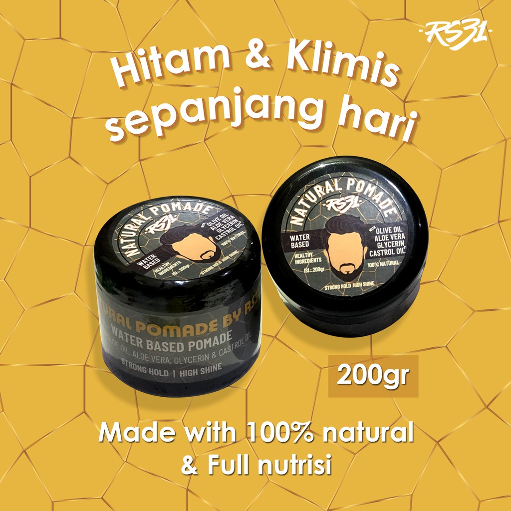 Pomade Alami dari RS31 isi 200 gr  water based pomade untuk tampilan klimis berkilau sepanjang hari.