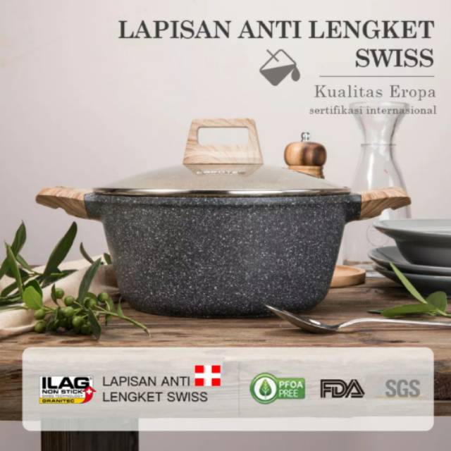 Carote granite panci low casserole free lid n spatula (20cm, 22cm, 24cm, 28cm)