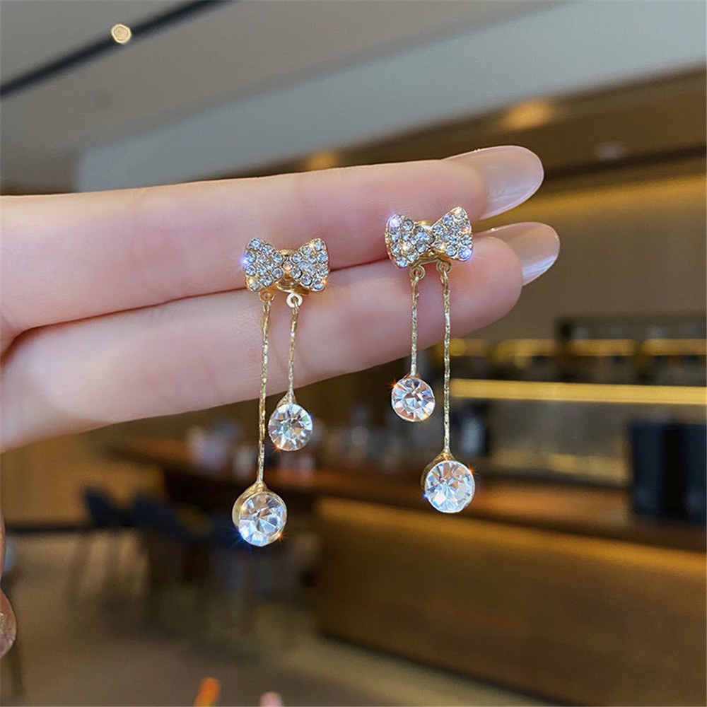 1 Pasang Fashion Korea Manis Bintang Busur Berlian Rumbai Liontin Anting-Anting Emas untuk Wanita