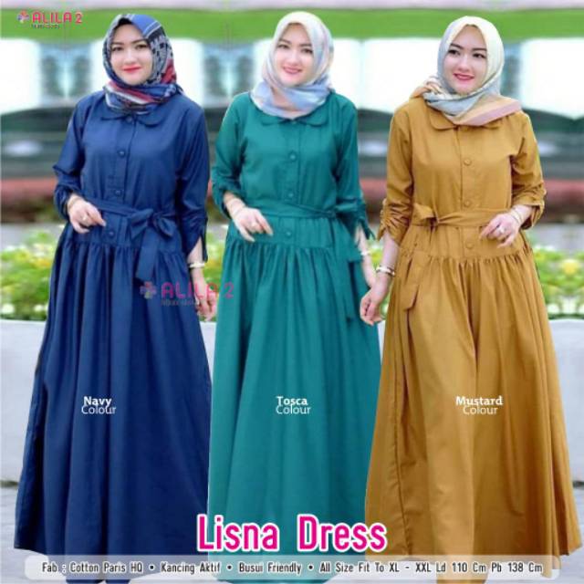 Ori Solo LISNA Dress Maxi Katun Busui LD 110 XXL Gamis Jumbo Putih botol Baju Kekinian by Alila