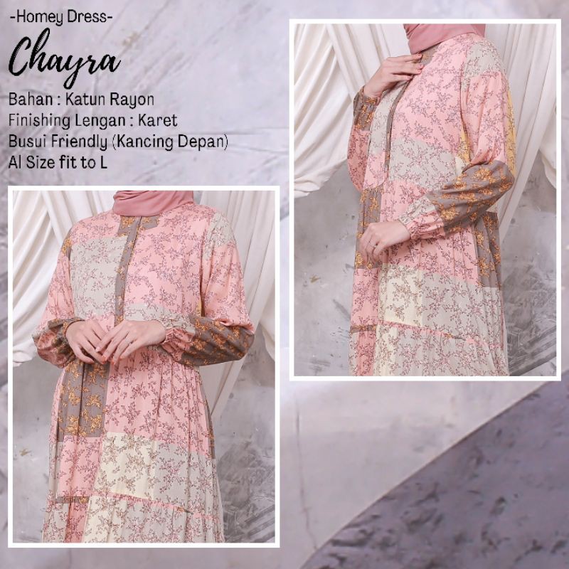 Gamis Dewasa-Homey Dress Motif Daun-Homey dress Chayra-Bahan Katun Rayon Premium-Gamis syari