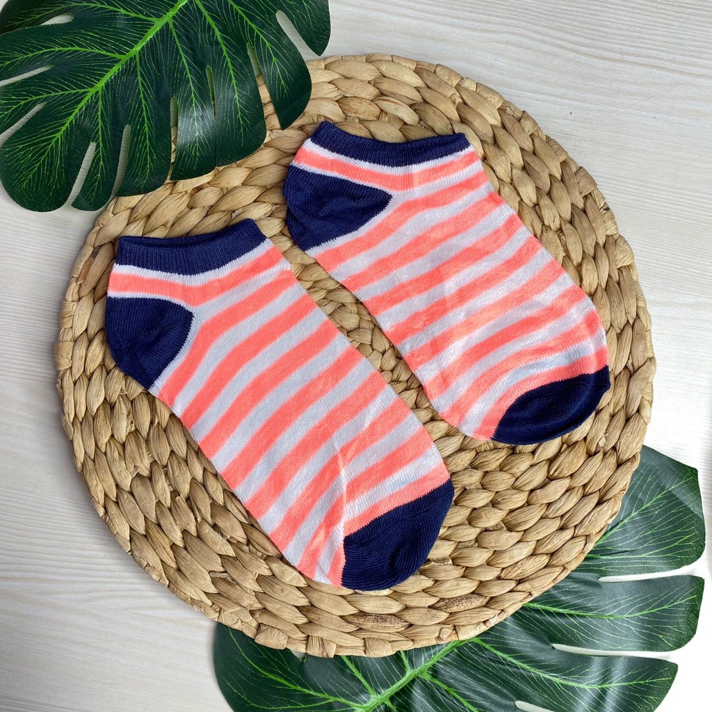 HC Kaos Kaki Ankle Polos Wanita KaosKaki Pendek Korea Murah Short Socks Kaos Kaki Motif Love Garis Murah-3 GARIS NAVY OREN