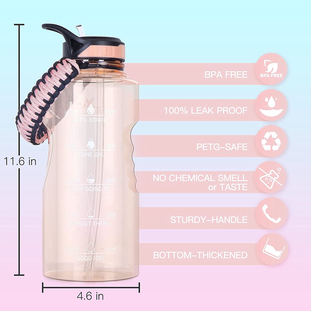 AKASO Botol Air Portabel 64oz dengan Straw Time Marker Kendi Air Bebas BPA Anti Bocor