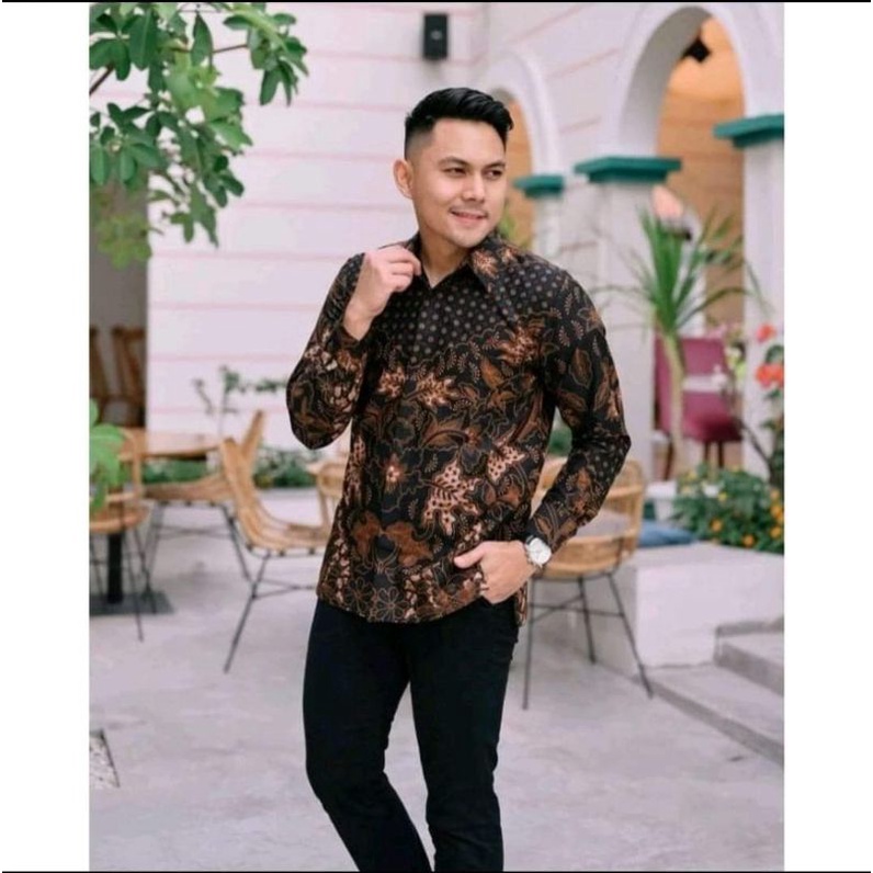 ANGGREK PERWIRA COKLAT Kemeja Batik Furing Pria Halus Bahan Katun Printing Premium Berkualitas / Hem Baju Batik Cowok Terlaris