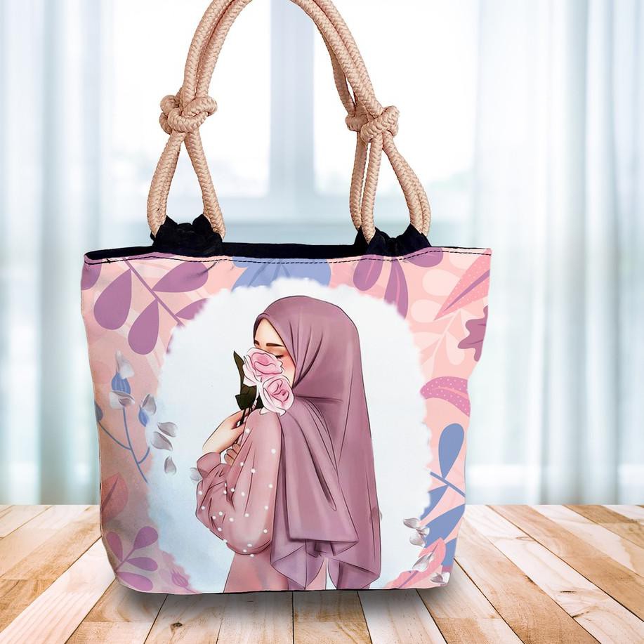 TREN BARU Tas Totebag Tali Sumbu Wanita Printing Gambar Muslimah Hijab Kartun Part 1