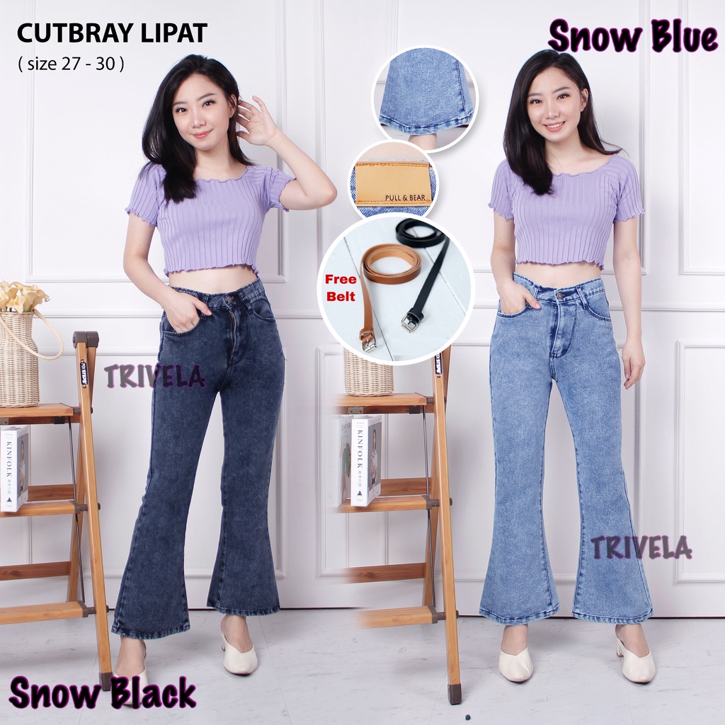 TRIVELA (FREE BELT) - Boyfriend Hw Cutbray Jeans Tebal /. Cutbray Jeans Tebal Highwaist / Avici