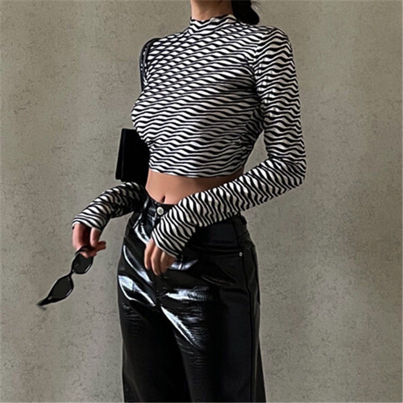 Suhao Eropa dan Amerika Setengah Turtleneck Dicetak Stringed Lengan Panjang Top Wanita Musim Gugur Seksi Crop Legging