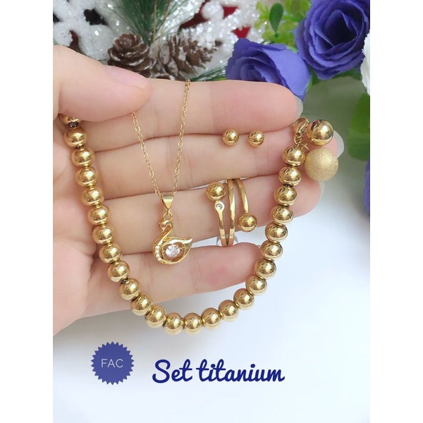 [Titanium] paket perhiasan gelang rantai bola titanium gelang biji lada bola emas gold titanium anti