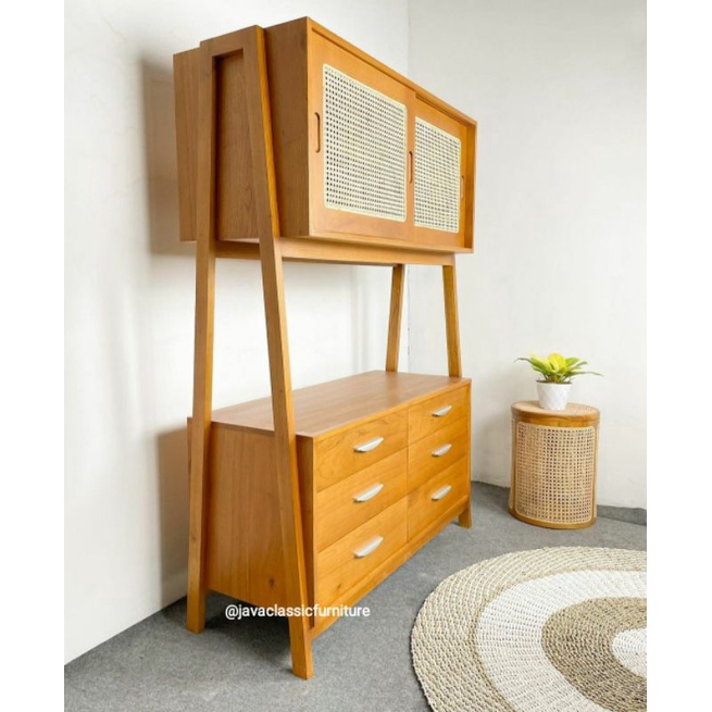 BUFET TINGKAT KITCHEN SET CABINET MINIMALIS ROTAN RAK TEMPAT PENYIMPANAN PIRING MODEL VINTAGE RETRO DAPUR MODERN MURAH BAHAN KAYU JATI TPK GRADE A NATURAL-2
