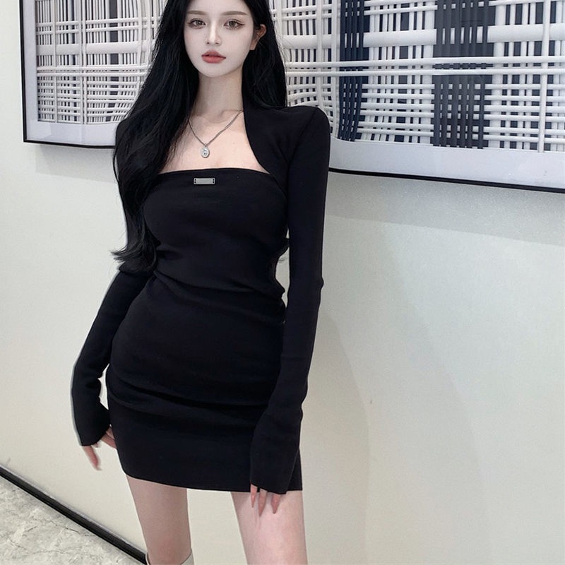 Setelan busana awal musim gugur atasan rajutan kasual hip dress set dua potong