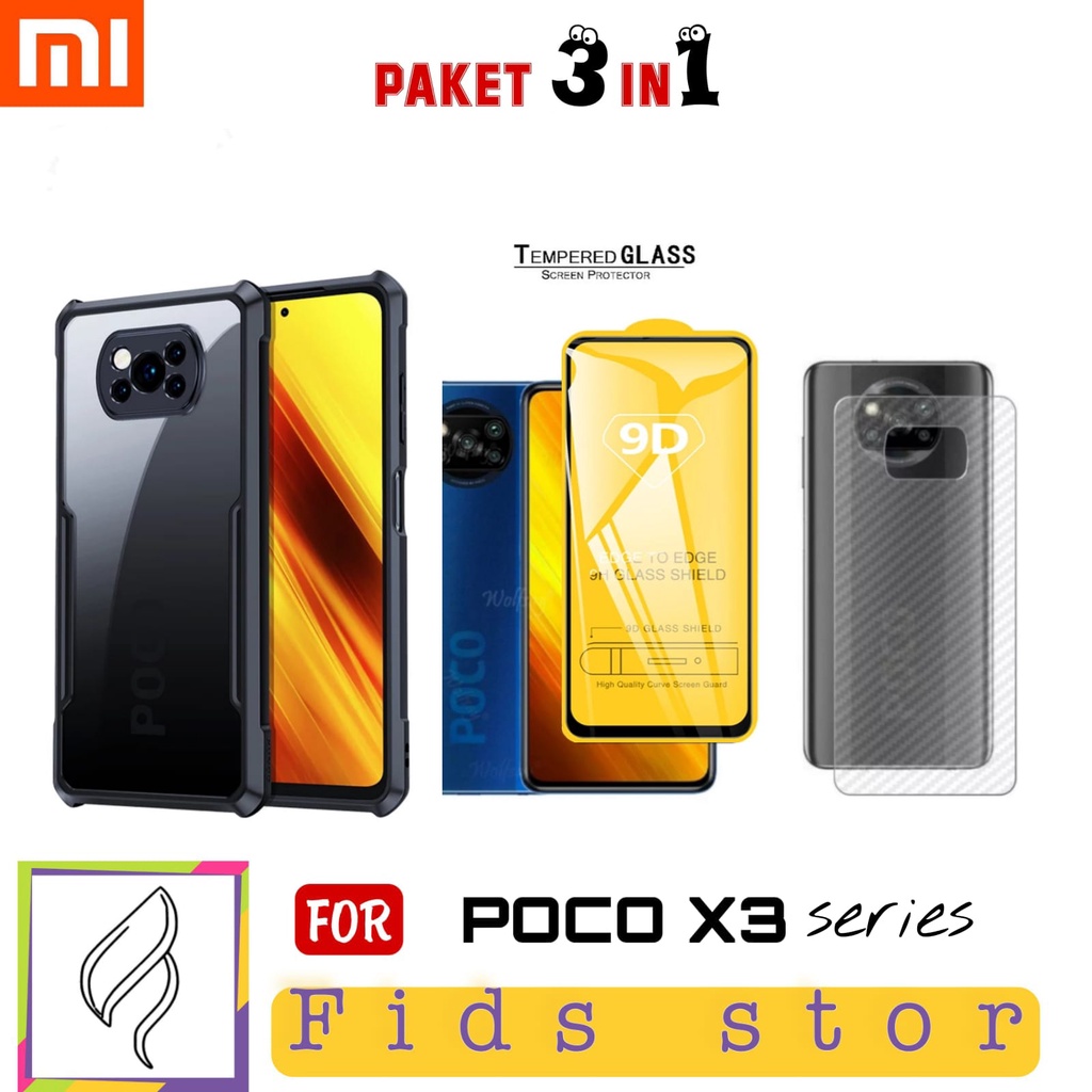 PROMO 3in1 CASE SHOCKPROOF + TEMEPERED GLASS FULL COVER BLACK + GARSKIN For Xiaomi POCO X3 PR0 NFC