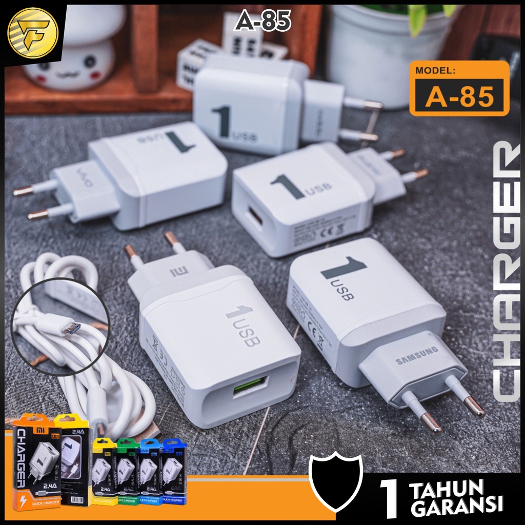 Charger A-85 dengan kabel data Micro USB 1meter cas casan as casan HP powerbank speaker tws dll