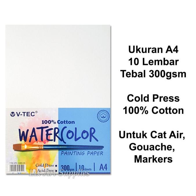 

(BISA COD) V-TEC A4 Water Colour Paper 300gsm - 10 Sheets COTTON Cold Pressed BERMUTU Kode 1426