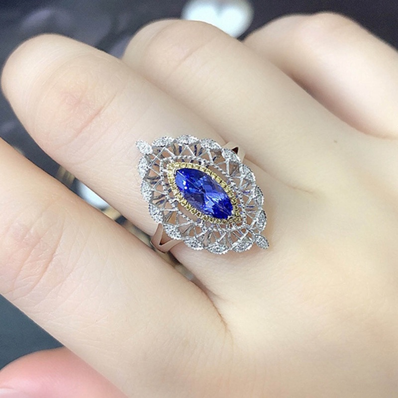 Cincin Jari Cubic Zirconia Warna Biru Marquise Gaya Retro Vintage Untuk Wanita