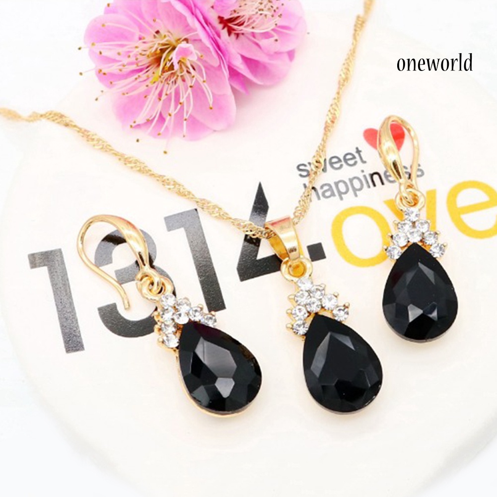 OW@ Vintage Teardrop Rhinestone Women Jewelry Set Necklace Hook Earrings Pendants