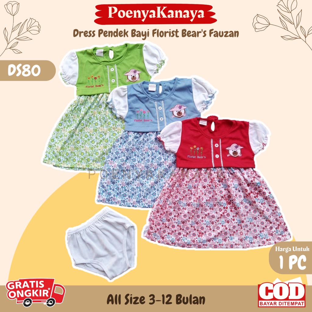 Dress Baby Anak Tangan Pendek Motif FLORIST BEAR'S Fauzan 3-12 Bulan DS80