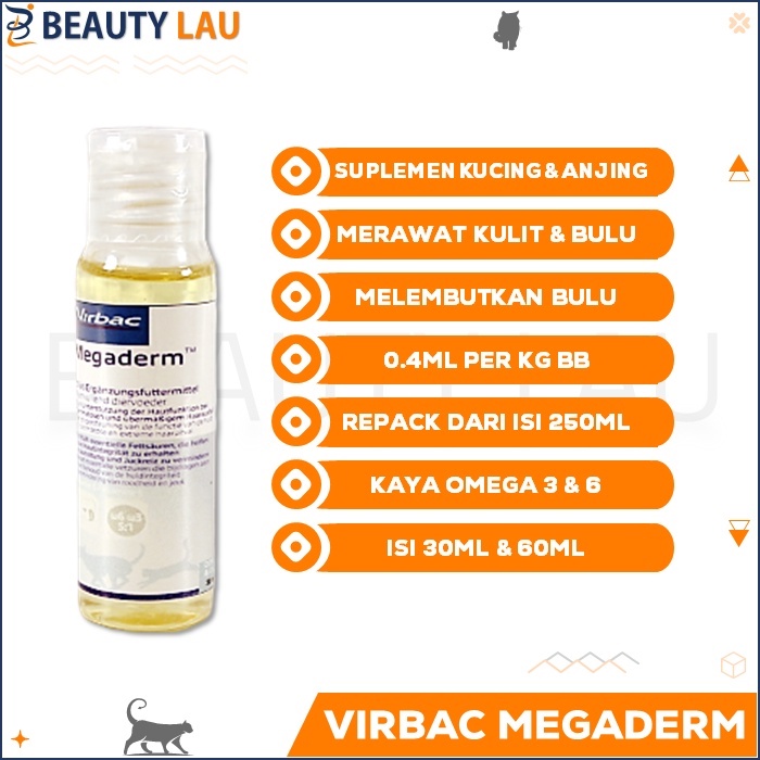 MEGADERM VIRBAC 30ML 60ML REPACK ORIGINAL VIBRAC VITAMIN BULU KUCING ANJING SEHAT BERKILAU SUPLEMEN KESEHATAN KUCING ANJING