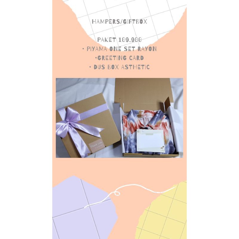 

PAKET HAMPERS/GIFTBOX/HAMPERS PIYAMA/HAMPERS HIJAB/HAMPERS MURAH/HAMPERS BIRTHDAY/HAMPERS GRADUATION