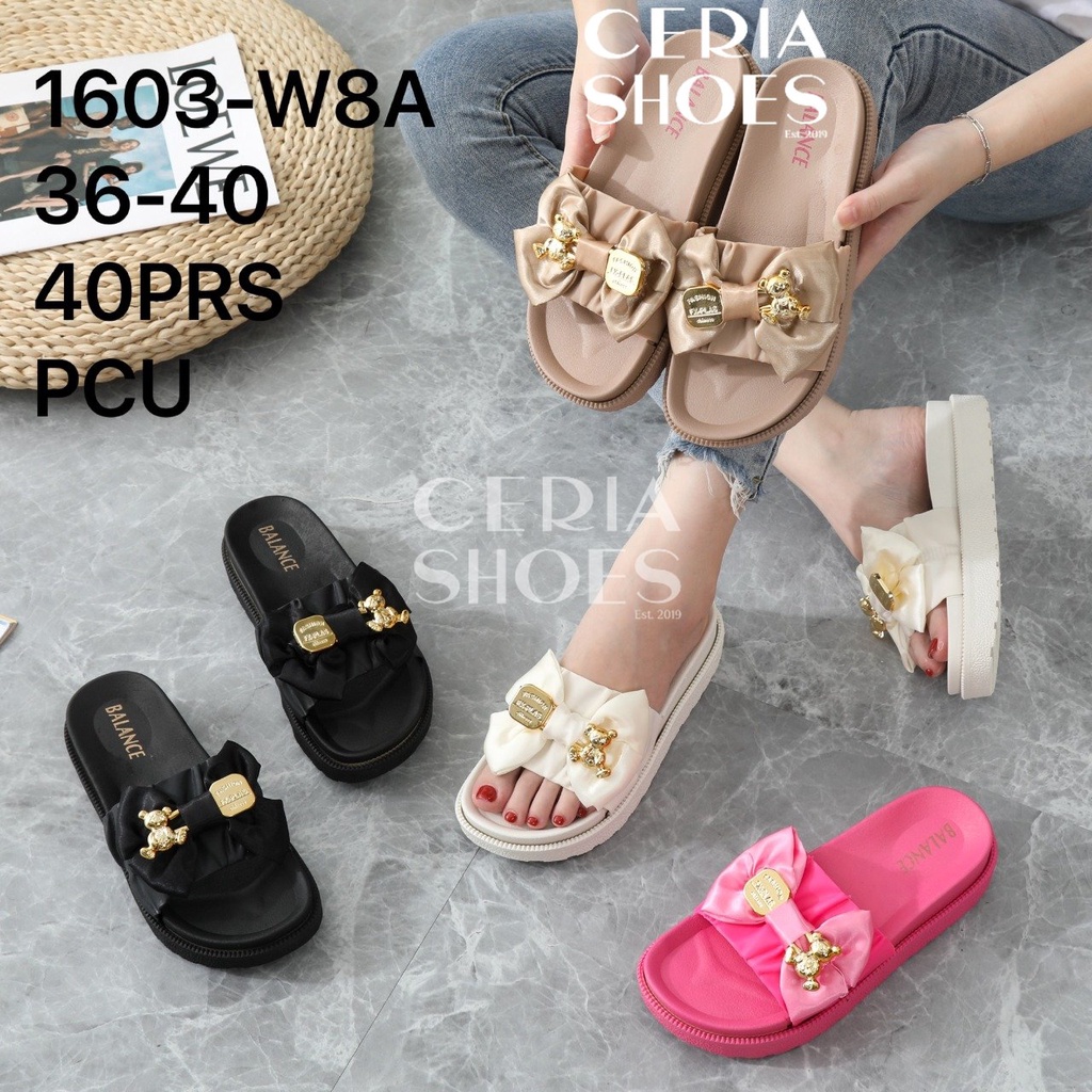 BALANCE Sandal Slop Kokop Wanita Import Motif Gold Bear Tebal Tinggi 3 Cm Bahan Empuk Elastis Sol Anti Slip 163