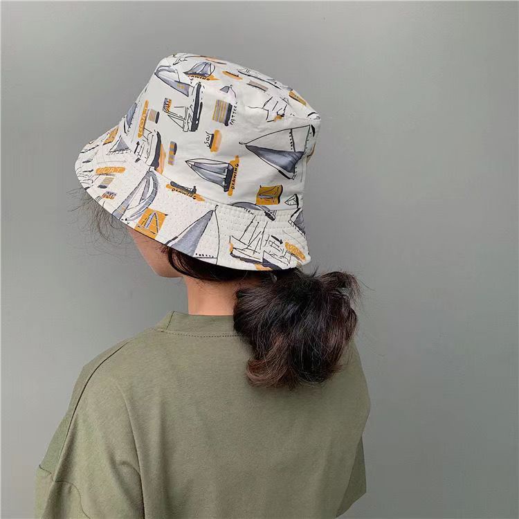 Topi Nelayan Bahan Katun Dua Sisi Motif Doodle Gaya Korea Untuk Unisex