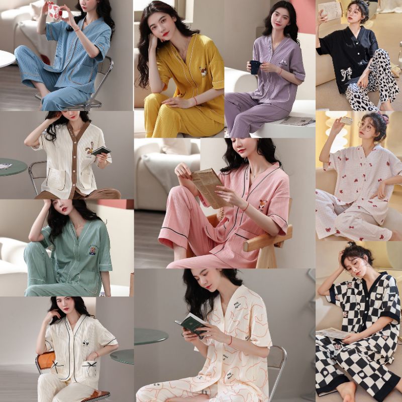 RULIF SET PIYAMA WANITA LENGAN PENDEK / Baju tidur wanita import Vneck kancing / Piyama wanita Leisure Oversize