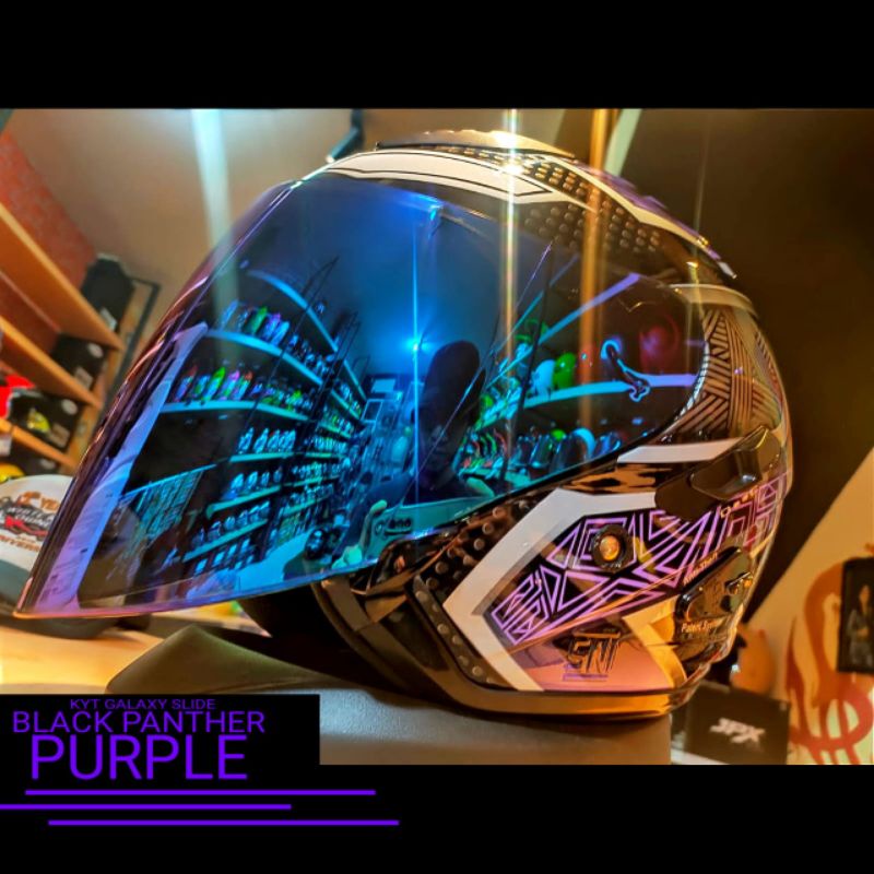 helm half Face KYT Galaxy Slide Black Panther + iridium visor